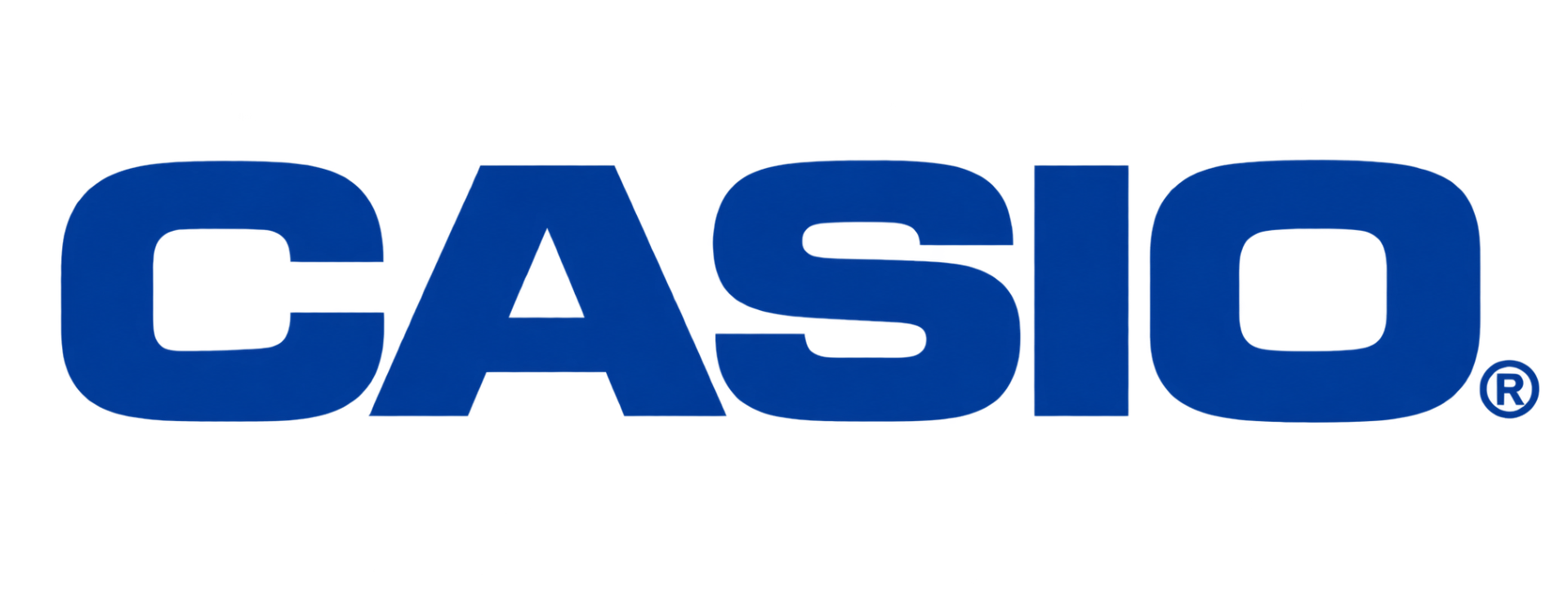 Logotipo azul con letras “C A S I O” sobre fondo negro, con símbolo circular a la derecha.